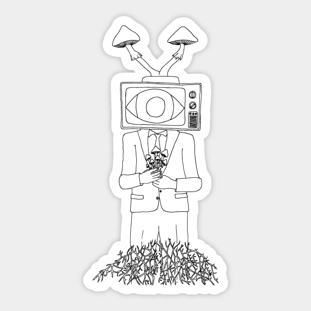 Alien Nation Mushroom (Black Line Art) Sticker by MushroomMundo